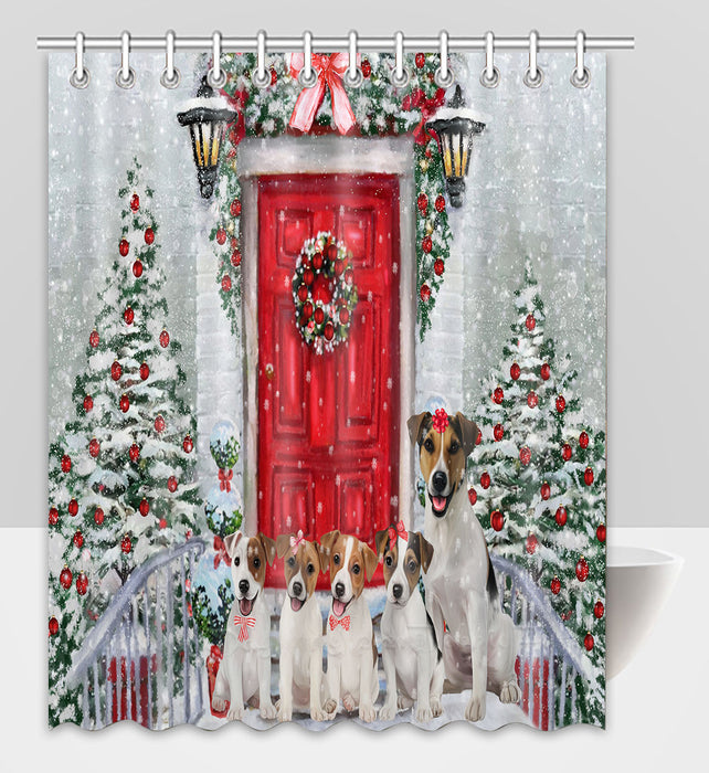 Christmas Holiday Welcome Jack Russell Dogs Shower Curtain Pet Painting Bathtub Curtain Waterproof Polyester One-Side Printing Decor Bath Tub Curtain for Bathroom with Hooks