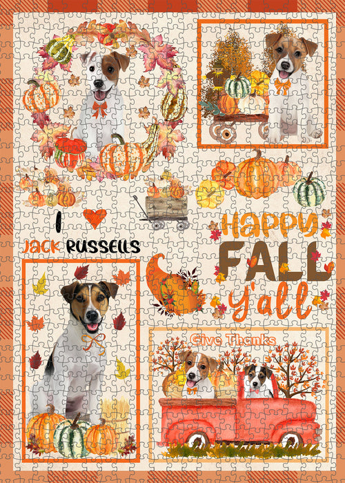 Happy Fall Y'all Pumpkin Jack Russell Dogs Portrait Jigsaw Puzzle for Adults Animal Interlocking Puzzle Game Unique Gift for Dog Lover's with Metal Tin Box