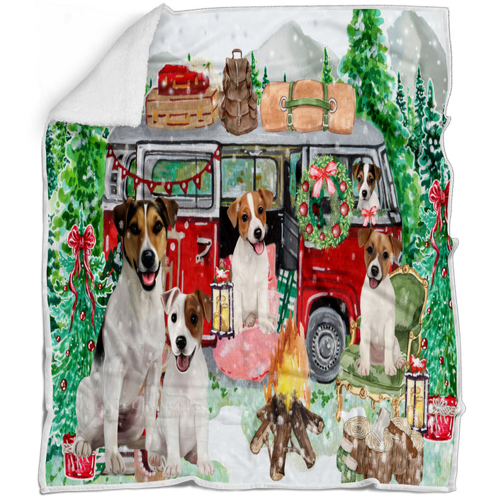 Christmas Time Camping with Jack Russell Dogs Blanket - Lightweight Soft Cozy and Durable Bed Blanket - Animal Theme Fuzzy Blanket for Sofa Couch