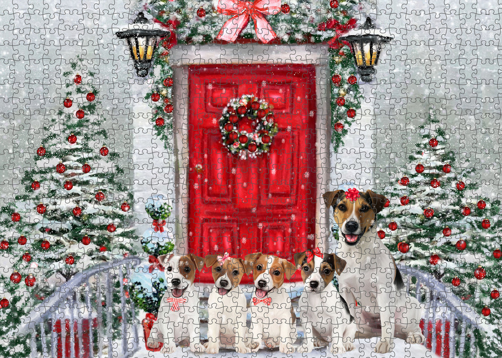 Christmas Holiday Welcome Jack Russell Dogs Portrait Jigsaw Puzzle for Adults Animal Interlocking Puzzle Game Unique Gift for Dog Lover's with Metal Tin Box
