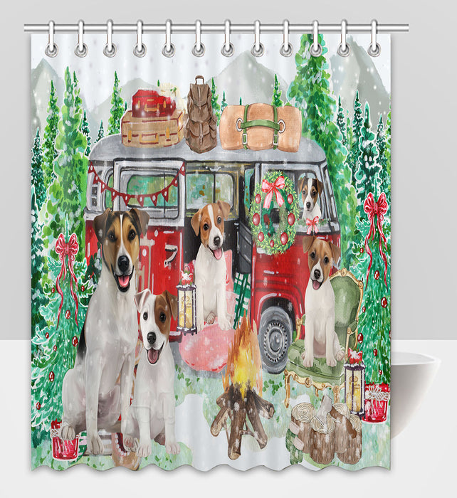 Christmas Time Camping with Jack Russell Dogs Shower Curtain Pet Painting Bathtub Curtain Waterproof Polyester One-Side Printing Decor Bath Tub Curtain for Bathroom with Hooks