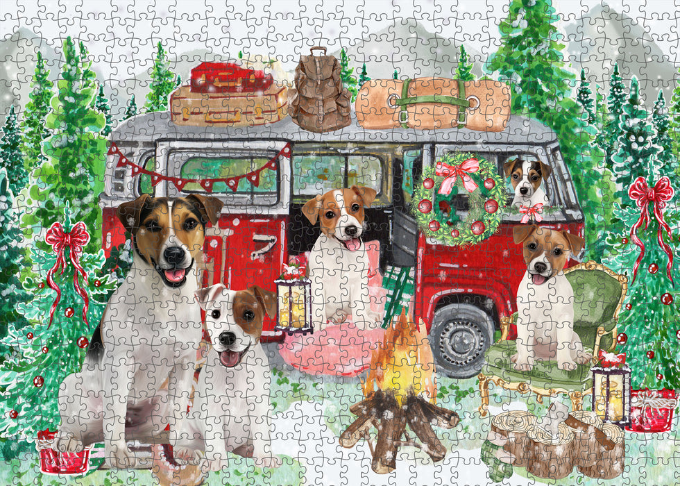 Christmas Time Camping with Jack Russell Dogs Portrait Jigsaw Puzzle for Adults Animal Interlocking Puzzle Game Unique Gift for Dog Lover's with Metal Tin Box