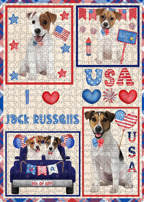 4th of July Independence Day I Love USA Jack Russell Dogs Portrait Jigsaw Puzzle for Adults Animal Interlocking Puzzle Game Unique Gift for Dog Lover's with Metal Tin Box