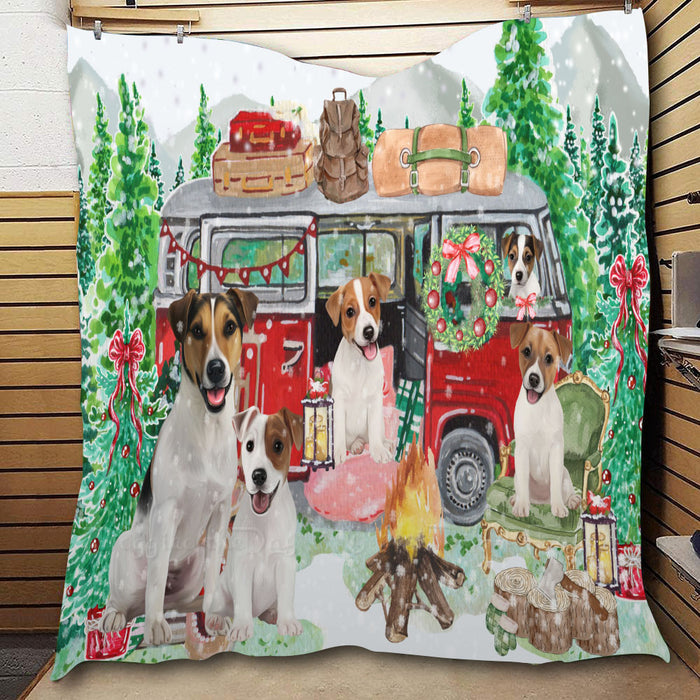 Christmas Time Camping with Jack Russell Dogs  Quilt Bed Coverlet Bedspread - Pets Comforter Unique One-side Animal Printing - Soft Lightweight Durable Washable Polyester Quilt
