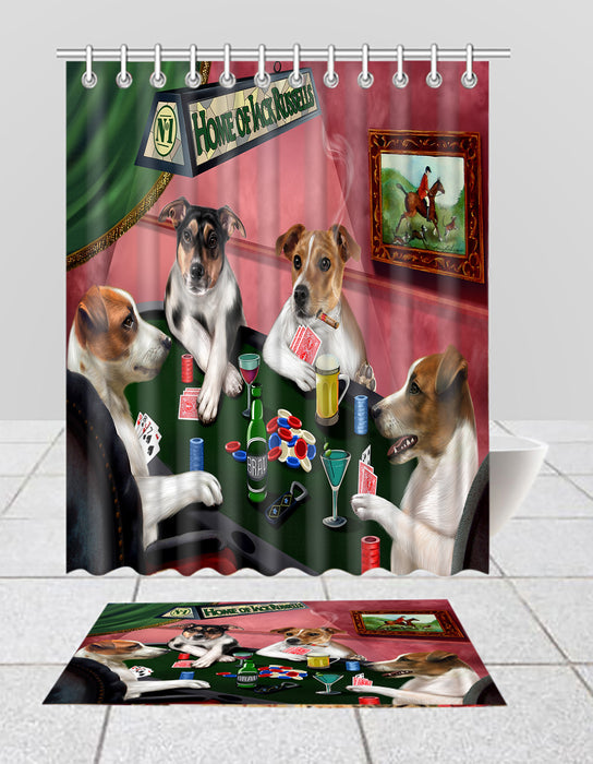 Home of  Jack Russell Dogs Playing Poker Bath Mat and Shower Curtain Combo