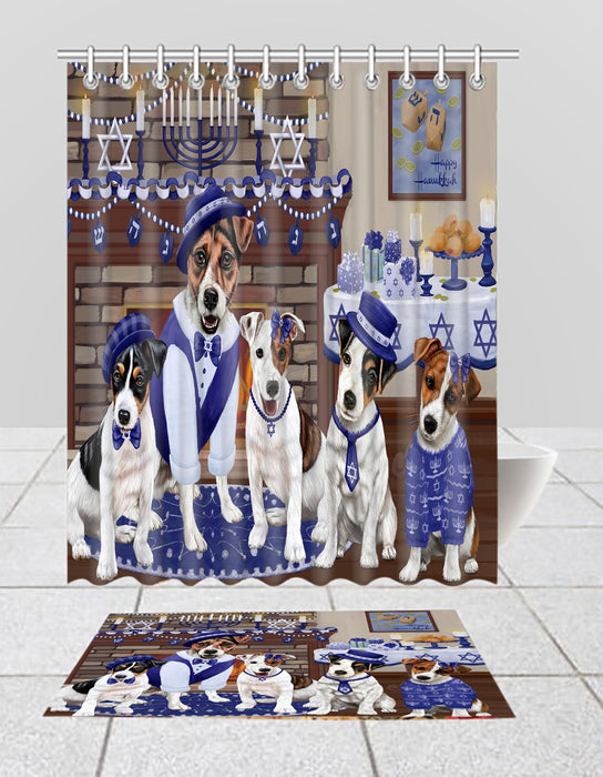 Happy Hanukkah Family Jack Russell Dogs Bath Mat and Shower Curtain Combo