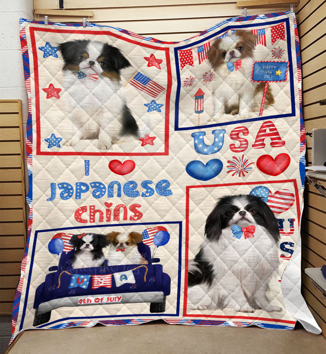 4th of July Independence Day I Love USA Japanese Chin Dogs Quilt Bed Coverlet Bedspread - Pets Comforter Unique One-side Animal Printing - Soft Lightweight Durable Washable Polyester Quilt