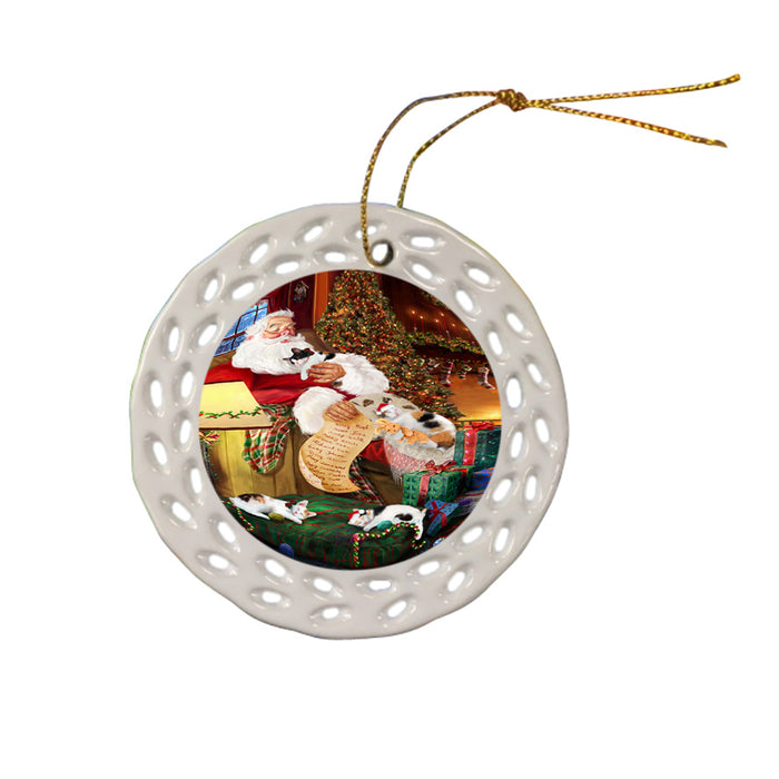 Santa Sleeping with Japanese Bobtail Cats Christmas Ceramic Doily Ornament DPOR52816