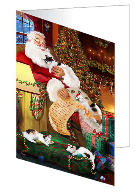 Santa Sleeping with Japanese Bobtail Cats Christmas Handmade Artwork Assorted Pets Greeting Cards and Note Cards with Envelopes for All Occasions and Holiday Seasons GCD62477