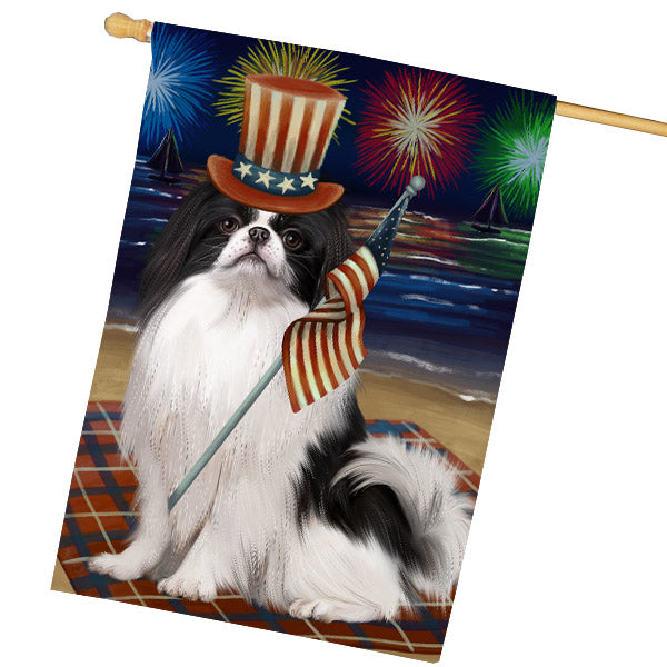 4th of July Independence Day Firework Japanese Chin Dog House Flag Outdoor Decorative Double Sided Pet Portrait Weather Resistant Premium Quality Animal Printed Home Decorative Flags 100% Polyester FLG68855