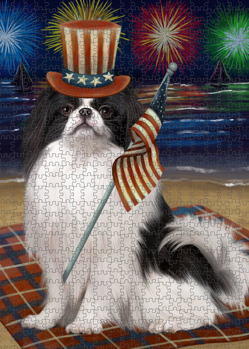 4th of July Independence Day Firework Japanese Chin Dog Portrait Jigsaw Puzzle for Adults Animal Interlocking Puzzle Game Unique Gift for Dog Lover's with Metal Tin Box PZL409