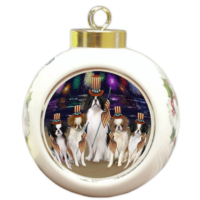 4th of July Independence Day Firework Japanese Chin Dogs Round Ball Christmas Ornament Pet Decorative Hanging Ornaments for Christmas X-mas Tree Decorations - 3" Round Ceramic Ornament