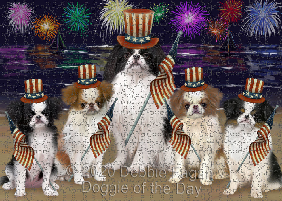 4th of July Independence Day Firework Japanese Chin Dogs Portrait Jigsaw Puzzle for Adults Animal Interlocking Puzzle Game Unique Gift for Dog Lover's with Metal Tin Box