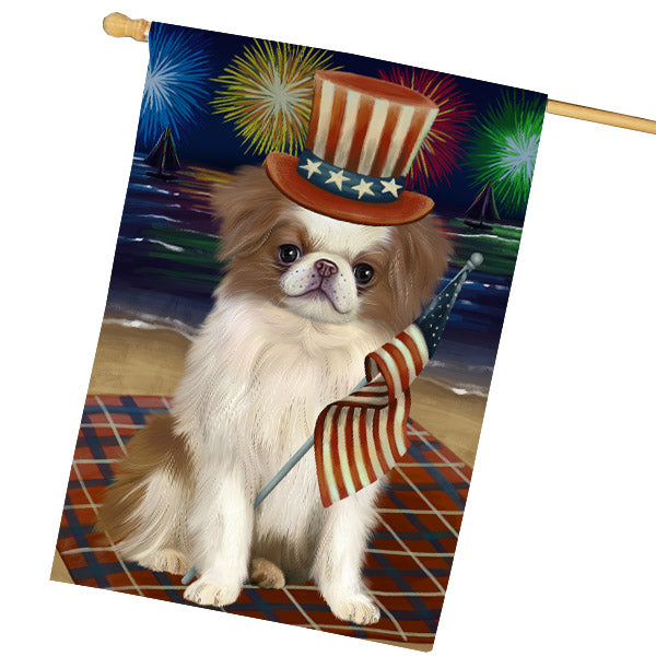 4th of July Independence Day Firework Japanese Chin Dog House Flag Outdoor Decorative Double Sided Pet Portrait Weather Resistant Premium Quality Animal Printed Home Decorative Flags 100% Polyester FLG68856