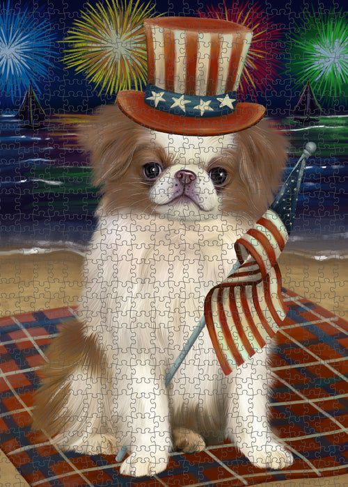 4th of July Independence Day Firework Japanese Chin Dog Portrait Jigsaw Puzzle for Adults Animal Interlocking Puzzle Game Unique Gift for Dog Lover's with Metal Tin Box PZL410