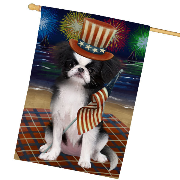 4th of July Independence Day Firework Japanese Chin Dog House Flag Outdoor Decorative Double Sided Pet Portrait Weather Resistant Premium Quality Animal Printed Home Decorative Flags 100% Polyester FLG68857