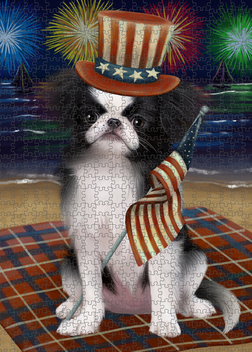 4th of July Independence Day Firework Japanese Chin Dog Portrait Jigsaw Puzzle for Adults Animal Interlocking Puzzle Game Unique Gift for Dog Lover's with Metal Tin Box PZL411