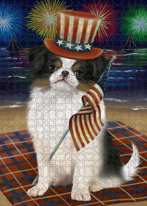 4th of July Independence Day Firework Japanese Chin Dog Portrait Jigsaw Puzzle for Adults Animal Interlocking Puzzle Game Unique Gift for Dog Lover's with Metal Tin Box PZL412