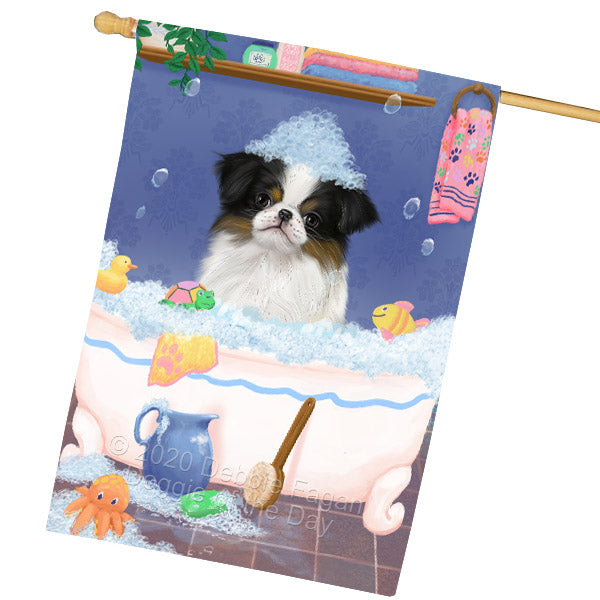 Rub a Dub Dogs in a Tub Japanese Chin Dog House Flag Outdoor Decorative Double Sided Pet Portrait Weather Resistant Premium Quality Animal Printed Home Decorative Flags 100% Polyester FLG69143