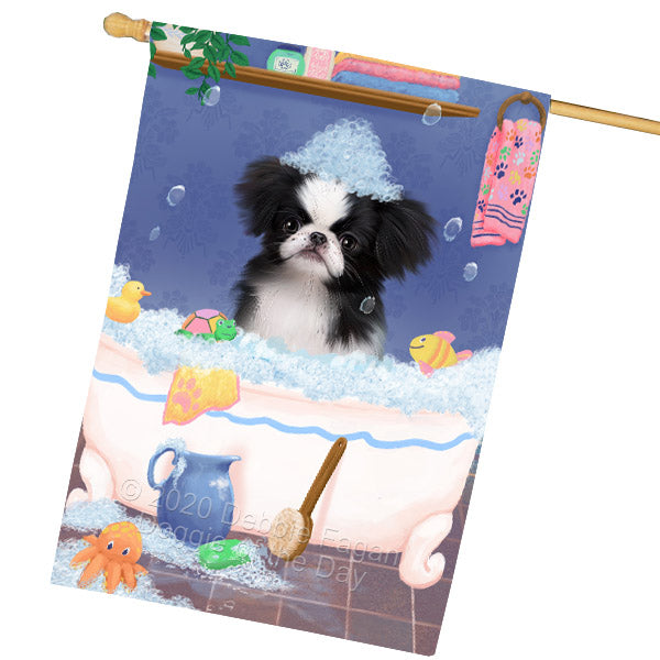 Rub a Dub Dogs in a Tub Japanese Chin Dog House Flag Outdoor Decorative Double Sided Pet Portrait Weather Resistant Premium Quality Animal Printed Home Decorative Flags 100% Polyester FLG69144