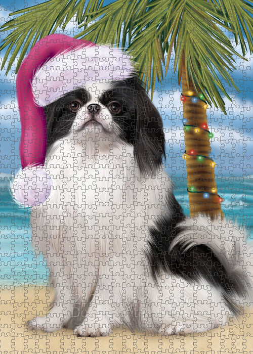 Christmas Summertime Island Tropical Beach Japanese Chin Dog Portrait Jigsaw Puzzle for Adults Animal Interlocking Puzzle Game Unique Gift for Dog Lover's with Metal Tin Box PZL707