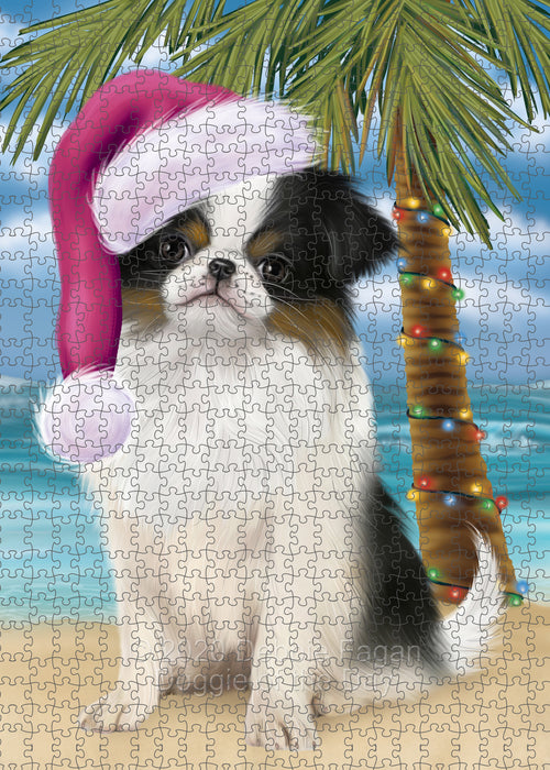 Christmas Summertime Island Tropical Beach Japanese Chin Dog Portrait Jigsaw Puzzle for Adults Animal Interlocking Puzzle Game Unique Gift for Dog Lover's with Metal Tin Box PZL708