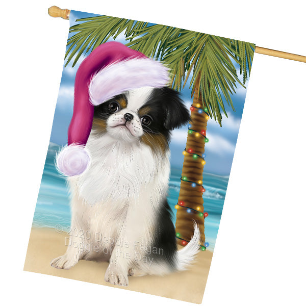 Christmas Summertime Island Tropical Beach Japanese Chin Dog House Flag Outdoor Decorative Double Sided Pet Portrait Weather Resistant Premium Quality Animal Printed Home Decorative Flags 100% Polyester FLG69297