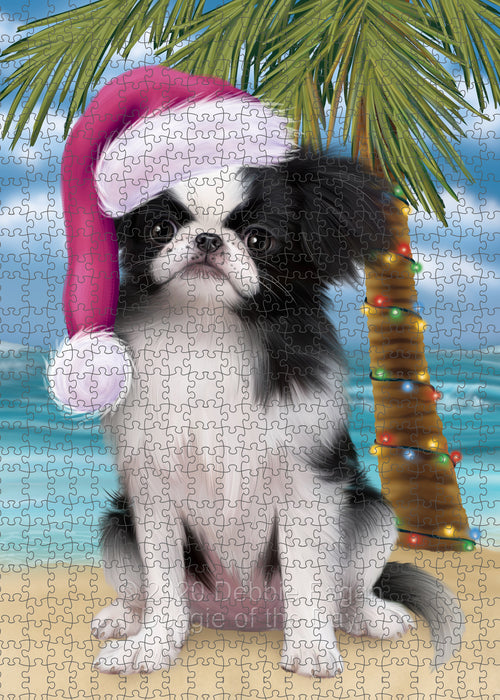 Christmas Summertime Island Tropical Beach Japanese Chin Dog Portrait Jigsaw Puzzle for Adults Animal Interlocking Puzzle Game Unique Gift for Dog Lover's with Metal Tin Box PZL709