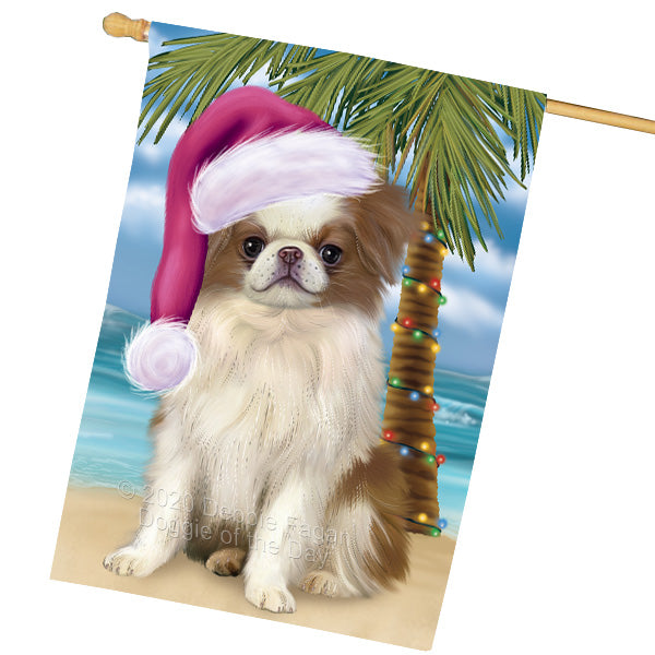 Christmas Summertime Island Tropical Beach Japanese Chin Dog House Flag Outdoor Decorative Double Sided Pet Portrait Weather Resistant Premium Quality Animal Printed Home Decorative Flags 100% Polyester FLG69299