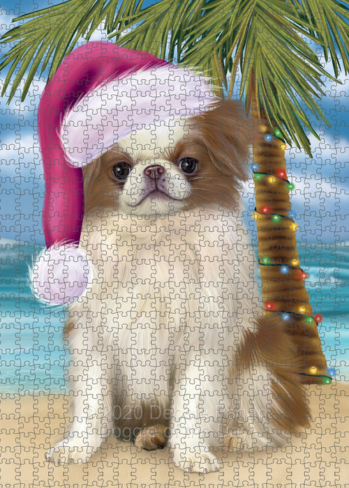 Christmas Summertime Island Tropical Beach Japanese Chin Dog Portrait Jigsaw Puzzle for Adults Animal Interlocking Puzzle Game Unique Gift for Dog Lover's with Metal Tin Box PZL710