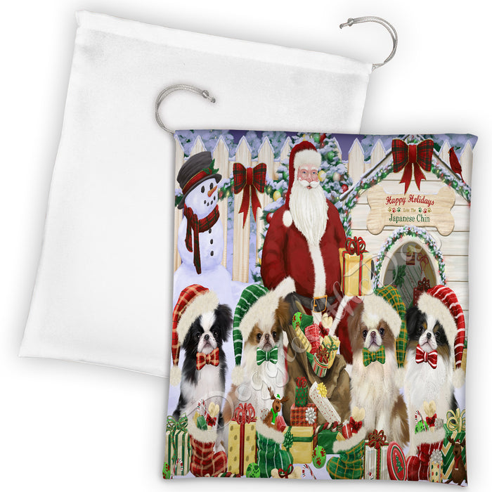 Happy Holidays Christmas Japanese Chin Dogs House Gathering Drawstring Laundry or Gift Bag LGB48056