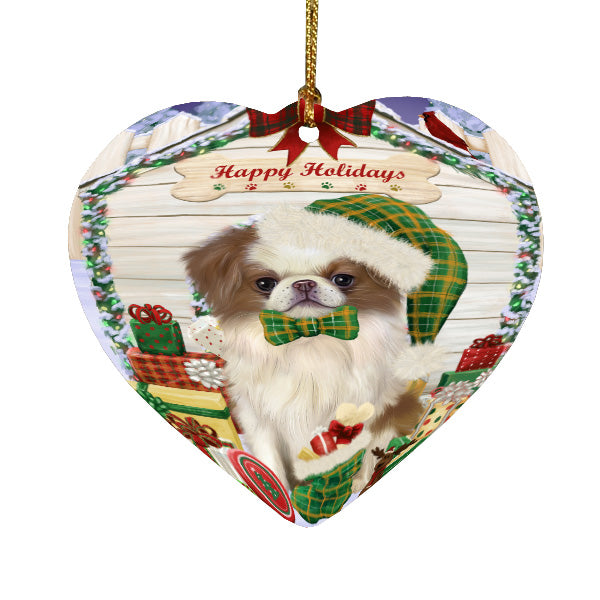 Christmas House with Presents Japanese Chin Dog Heart Christmas Ornament HPORA59138