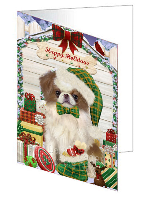 Christmas House with Presents Japanese Chin Dog Handmade Artwork Assorted Pets Greeting Cards and Note Cards with Envelopes for All Occasions and Holiday Seasons