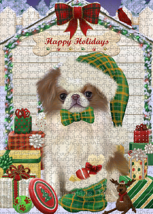 Christmas House with Presents Japanese Chin Dog Portrait Jigsaw Puzzle for Adults Animal Interlocking Puzzle Game Unique Gift for Dog Lover's with Metal Tin Box PZL654