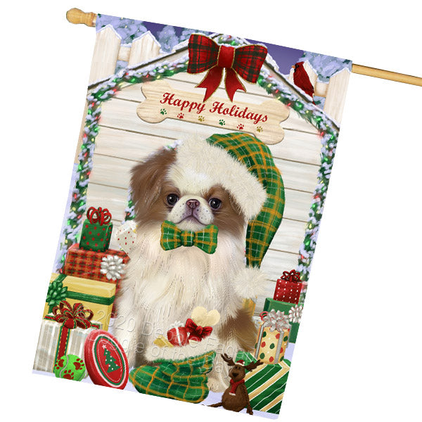 Christmas House with Presents Japanese Chin Dog House Flag Outdoor Decorative Double Sided Pet Portrait Weather Resistant Premium Quality Animal Printed Home Decorative Flags 100% Polyester FLG69219