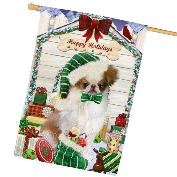 Christmas House with Presents Japanese Chin Dog House Flag Outdoor Decorative Double Sided Pet Portrait Weather Resistant Premium Quality Animal Printed Home Decorative Flags 100% Polyester FLG69220