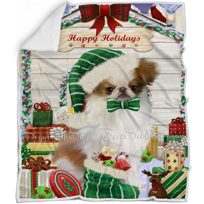 Happy Holidays Christmas Japanese Chin Dog House with Presents Blanket BLNKT142098
