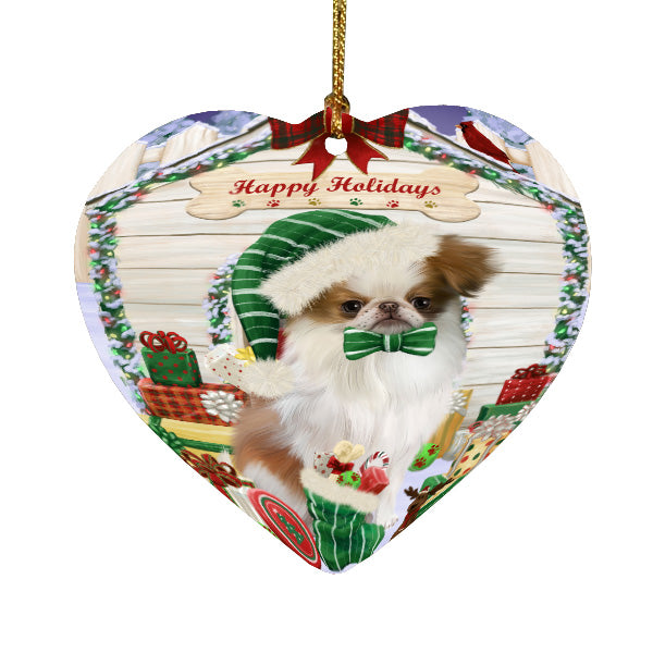 Christmas House with Presents Japanese Chin Dog Heart Christmas Ornament HPORA59139