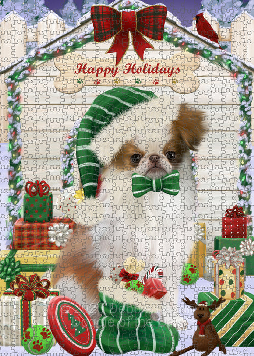 Christmas House with Presents Japanese Chin Dog Portrait Jigsaw Puzzle for Adults Animal Interlocking Puzzle Game Unique Gift for Dog Lover's with Metal Tin Box PZL655
