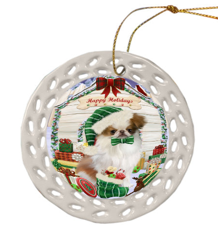 Christmas House with Presents Japanese Chin Dog Doily Ornament DPOR58790