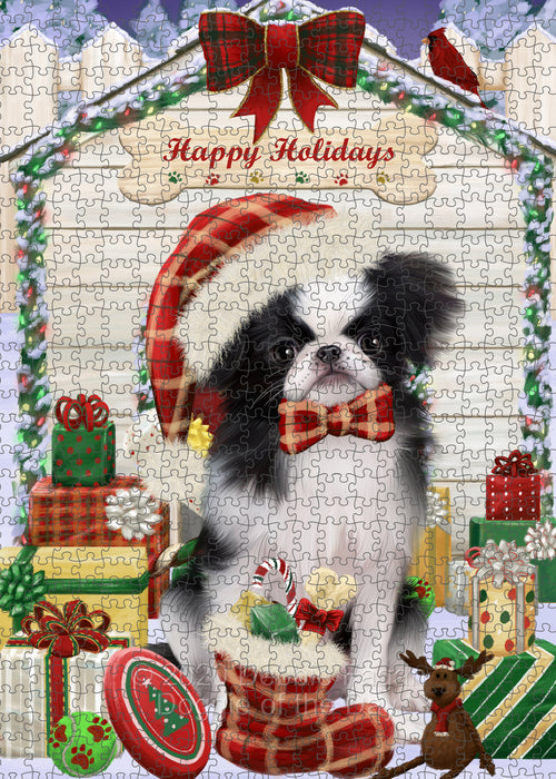 Christmas House with Presents Japanese Chin Dog Portrait Jigsaw Puzzle for Adults Animal Interlocking Puzzle Game Unique Gift for Dog Lover's with Metal Tin Box PZL656