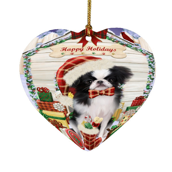 Christmas House with Presents Japanese Chin Dog Heart Christmas Ornament HPORA59140