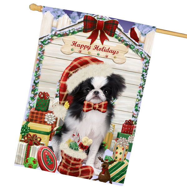 Christmas House with Presents Japanese Chin Dog House Flag Outdoor Decorative Double Sided Pet Portrait Weather Resistant Premium Quality Animal Printed Home Decorative Flags 100% Polyester FLG69221