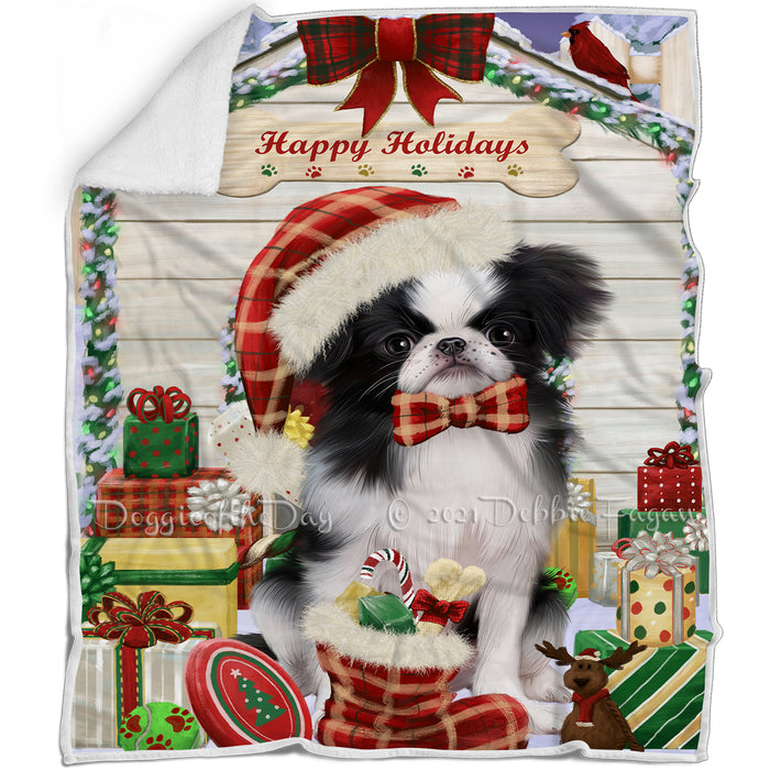 Happy Holidays Christmas Japanese Chin Dog House with Presents Blanket BLNKT142099