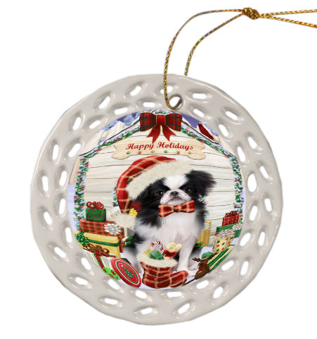 Christmas House with Presents Japanese Chin Dog Doily Ornament DPOR58791