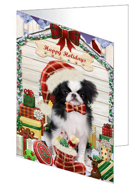 Christmas House with Presents Japanese Chin Dog Handmade Artwork Assorted Pets Greeting Cards and Note Cards with Envelopes for All Occasions and Holiday Seasons