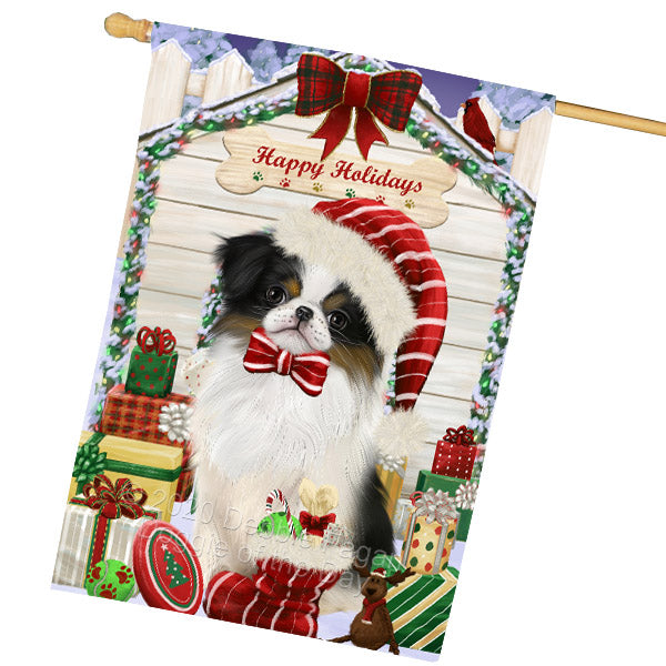 Christmas House with Presents Japanese Chin Dog House Flag Outdoor Decorative Double Sided Pet Portrait Weather Resistant Premium Quality Animal Printed Home Decorative Flags 100% Polyester FLG69222