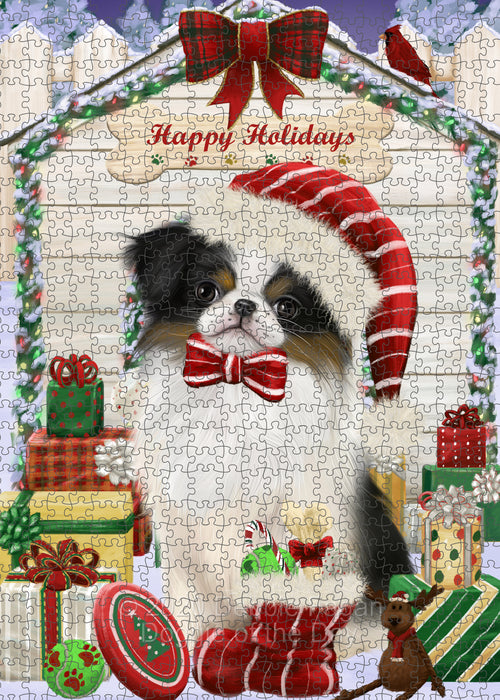 Christmas House with Presents Japanese Chin Dog Portrait Jigsaw Puzzle for Adults Animal Interlocking Puzzle Game Unique Gift for Dog Lover's with Metal Tin Box PZL657