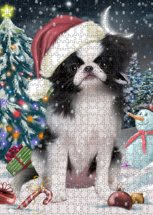 Christmas Holly Jolly Japanese Chin Dog Portrait Jigsaw Puzzle for Adults Animal Interlocking Puzzle Game Unique Gift for Dog Lover's with Metal Tin Box PZL731