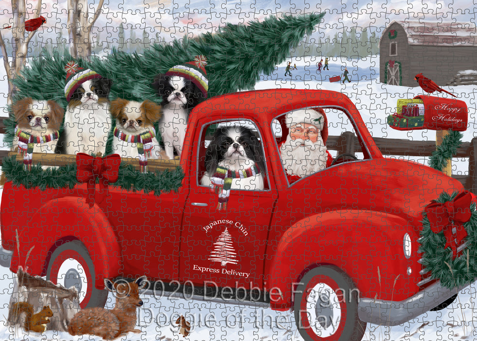 Christmas Santa Express Delivery Red Truck Japanese Chin Dogs Portrait Jigsaw Puzzle for Adults Animal Interlocking Puzzle Game Unique Gift for Dog Lover's with Metal Tin Box